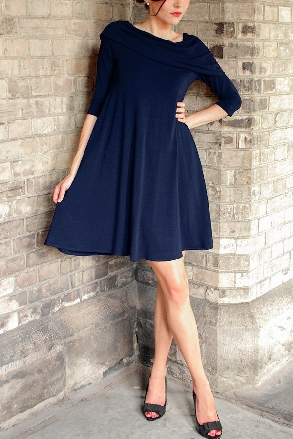 Navy blue short cape dress. Flowy asymmetrical dress with 3/4 sleeves. French style dresses
