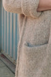Superfine alpaca lightweight camel tan long cardigan sweater with pockets for women pocket detail