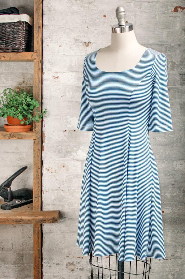 Women's knee length flared Marion - marinière striped flared dress with a scoop neckline and 3/4 length sleeves in a jersey knit. Made in Canada clothing by Jessica Rose.