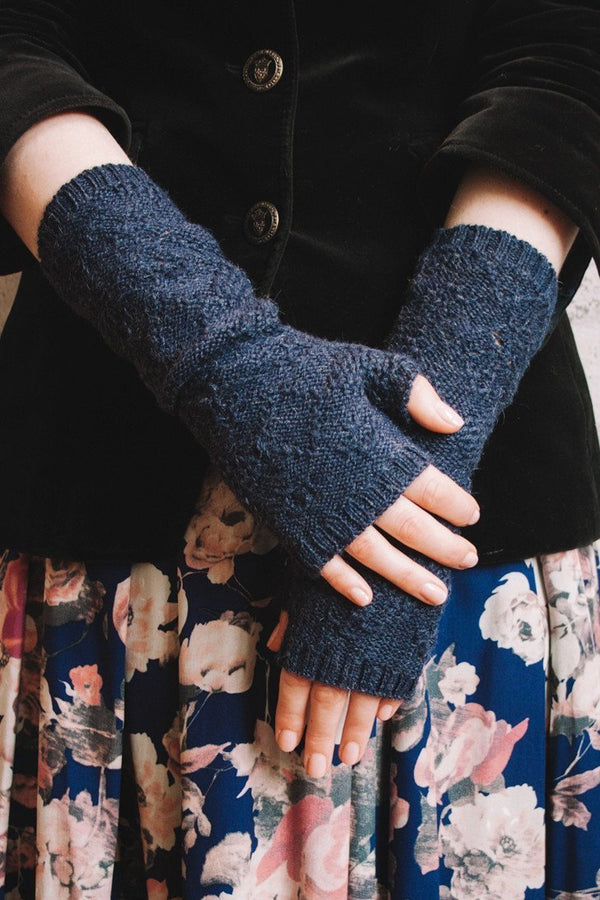 Neo Victorian style baby alpaca fingerless gloves lace knit in navy blue