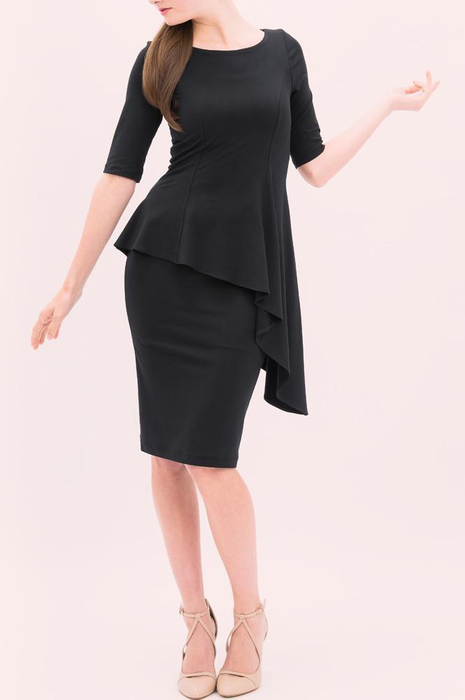Knee Length Modest Neckline Dress by XOXO- Black (Peplum Dress)