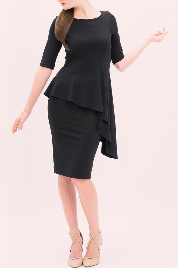 Black knee length asymmetrical peplum dress with sleeves - French style dresses