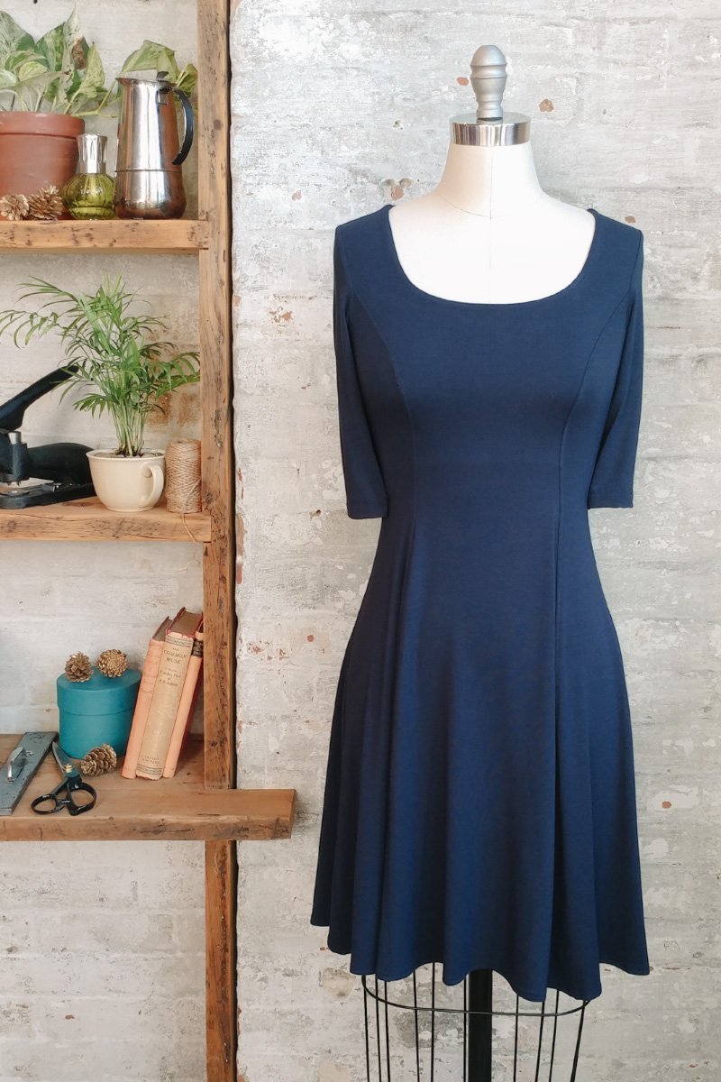Women' s Fit and Flare Navy Blue Modal Dress with Scoop Neck and Short Sleeves