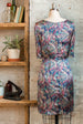Women's Liberty print dress in silk satin feathers print knee length with 3/4 sleeves back view